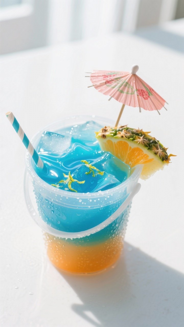 Close-up detail: A chilled plastic beach bucket packed two-thirds with glossy ice as vibrant blue cu