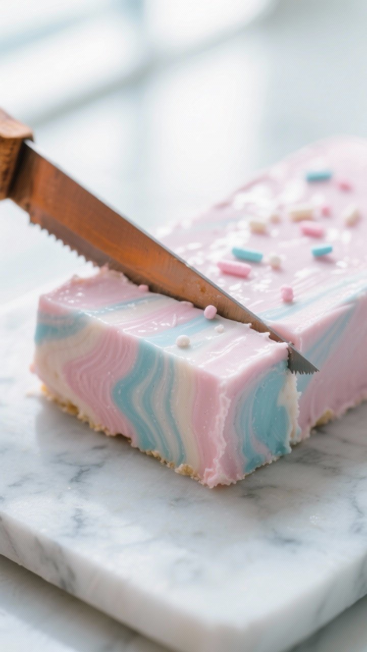 Close-up detail: A slab of fully set cotton candy fudge being sliced with a warm, dry knife, showing