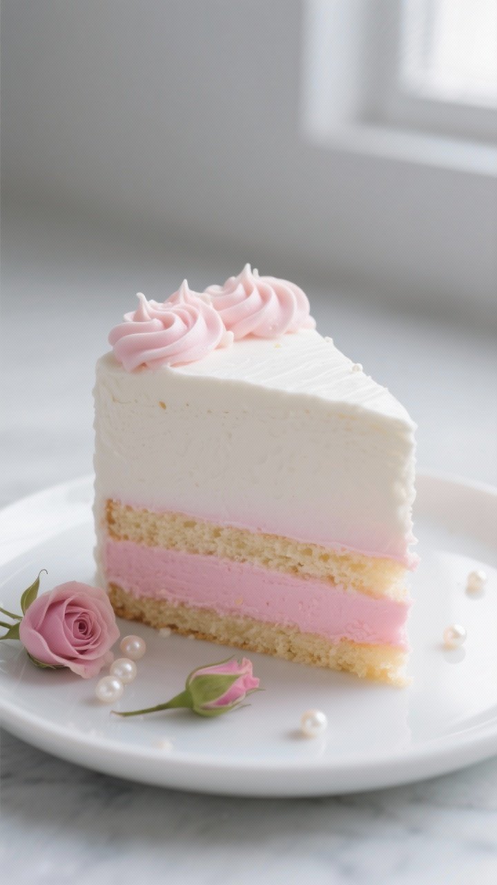 Close-up detail: A slice of the finished white-and-pink ombré vanilla cake on a simple white desser