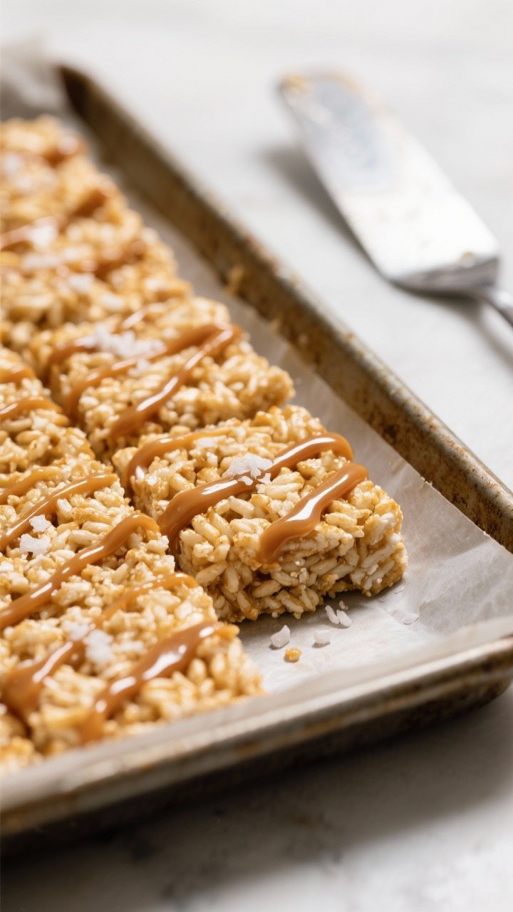Close-up detail: A tight macro shot of freshly pressed Salted Caramel Rice Krispie Treats still in t