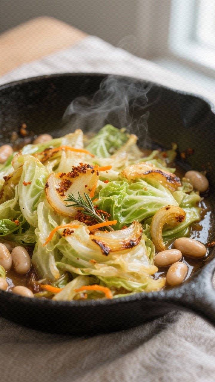 Close-up detail: A wide skillet of sautéed cabbage delight mid-cook, showing tender, wilted green c