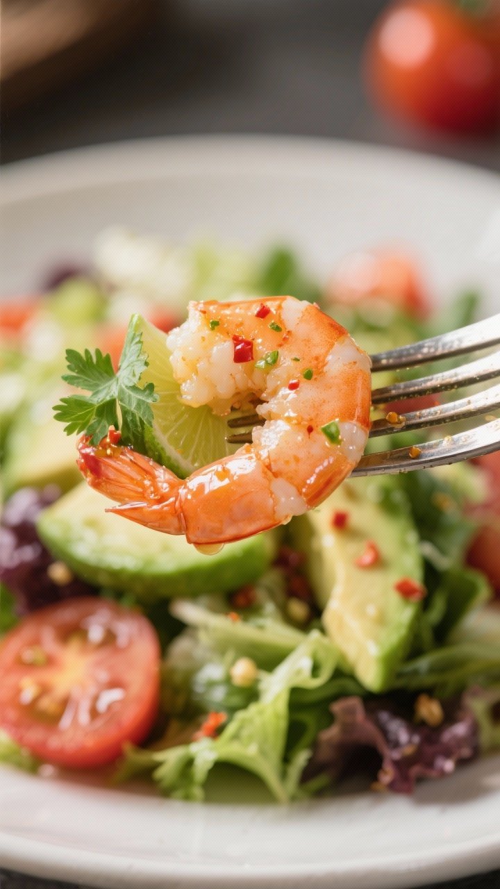 Close-up detail: Macro close-up of a forkful lifted from the salad—one plump shrimp glistening wit