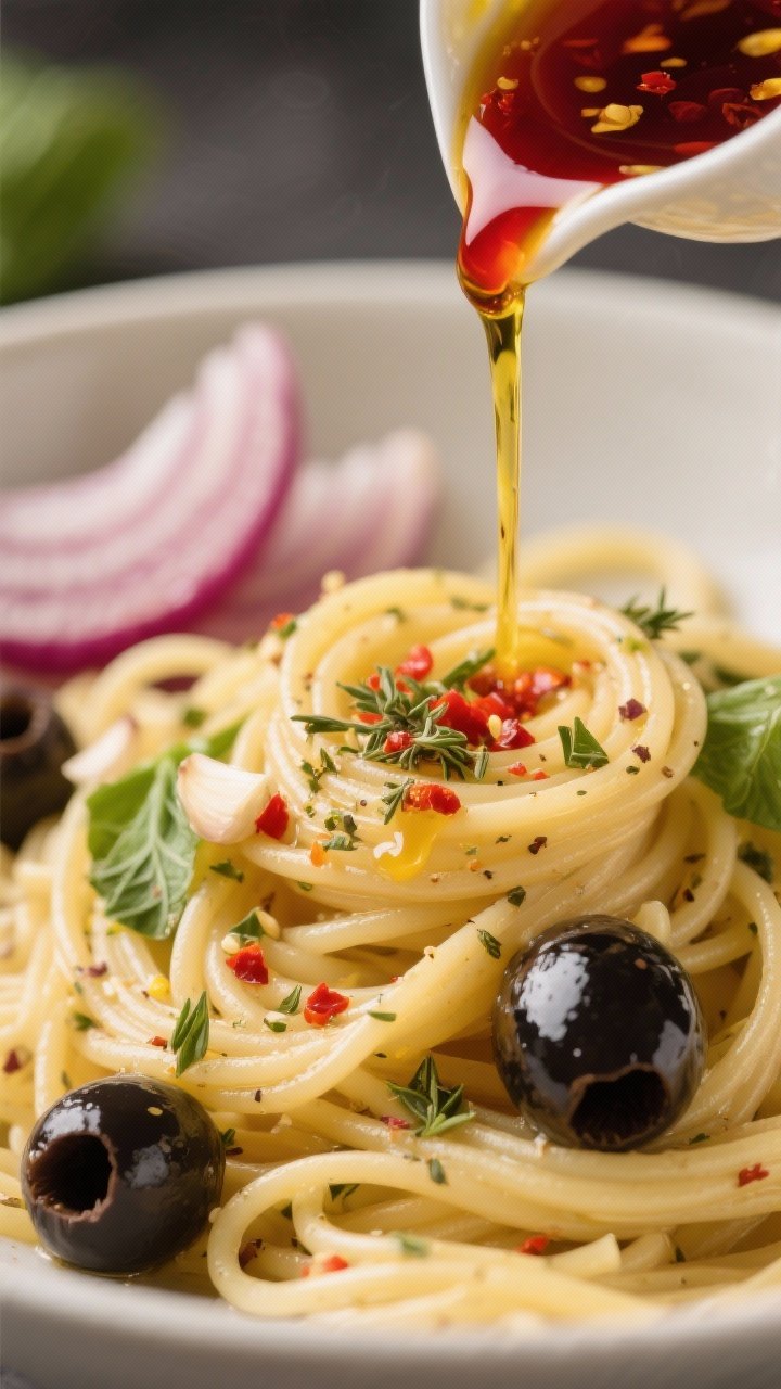 Close-up detail — Macro close-up of the zesty Italian dressing being poured over a bowl of cooled 