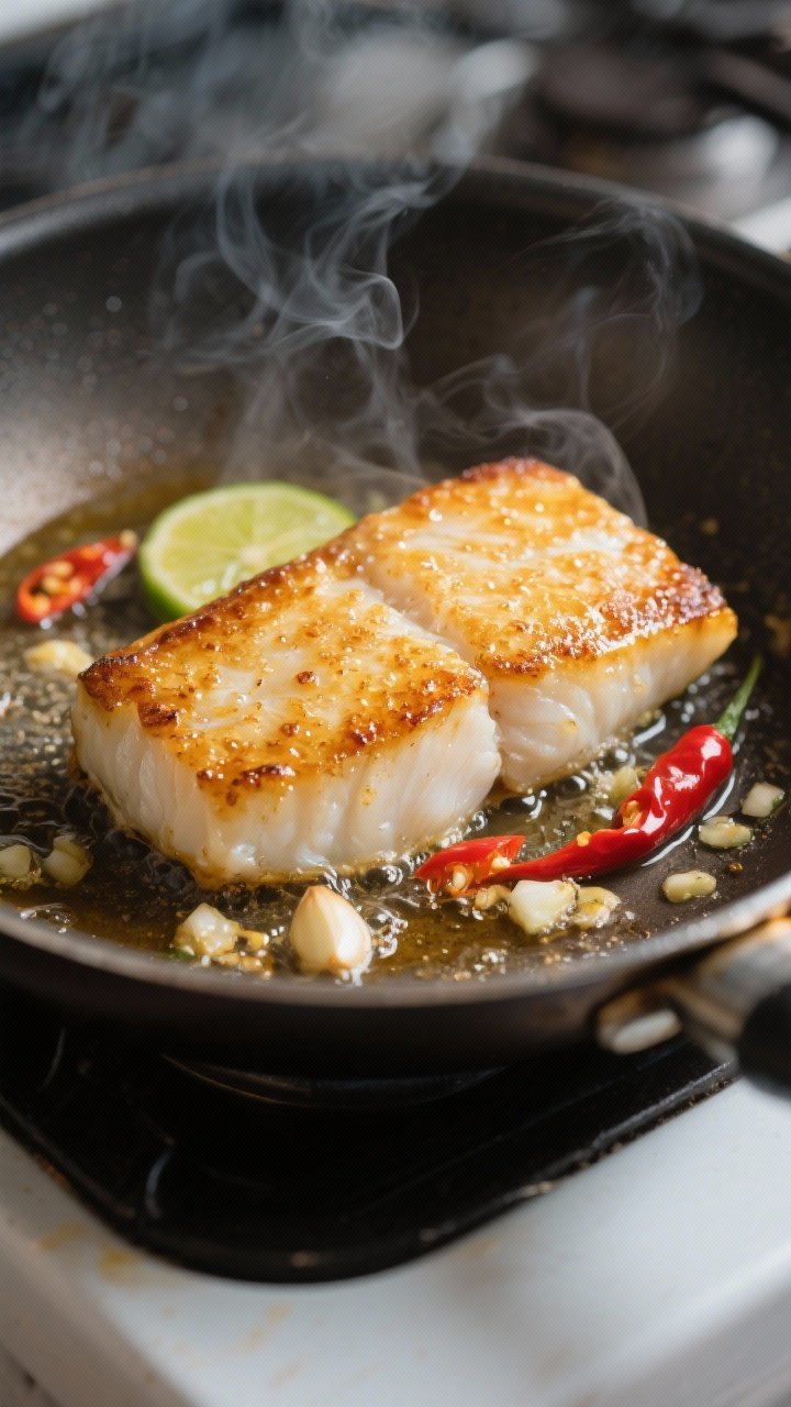 Close-up detail: Searing white fish fillet (cod or halibut) in a hot stainless skillet, golden-brown
