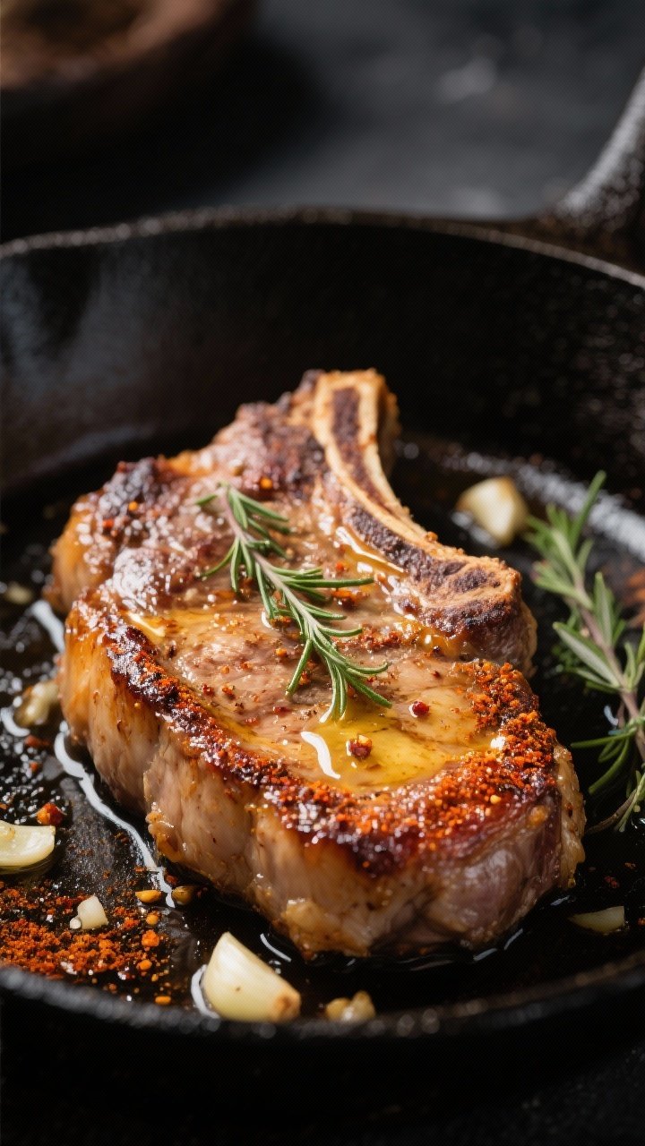 Close-up detail shot: Sear-kissed bone-in pork chop just out of the skillet, showing deep golden cru