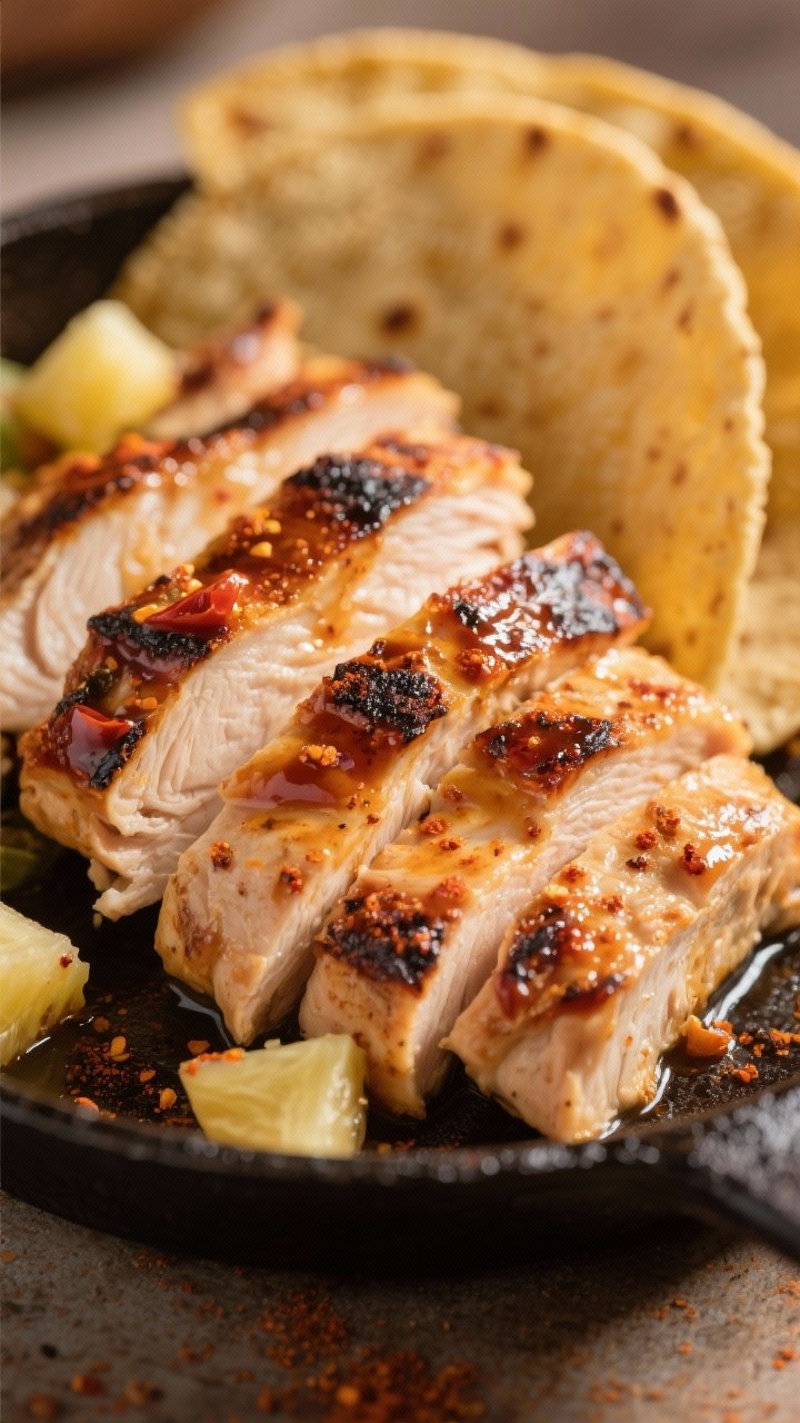 Close-up detail: Sliced chicken al pastor fresh off a cast-iron skillet, showing charred, caramelize