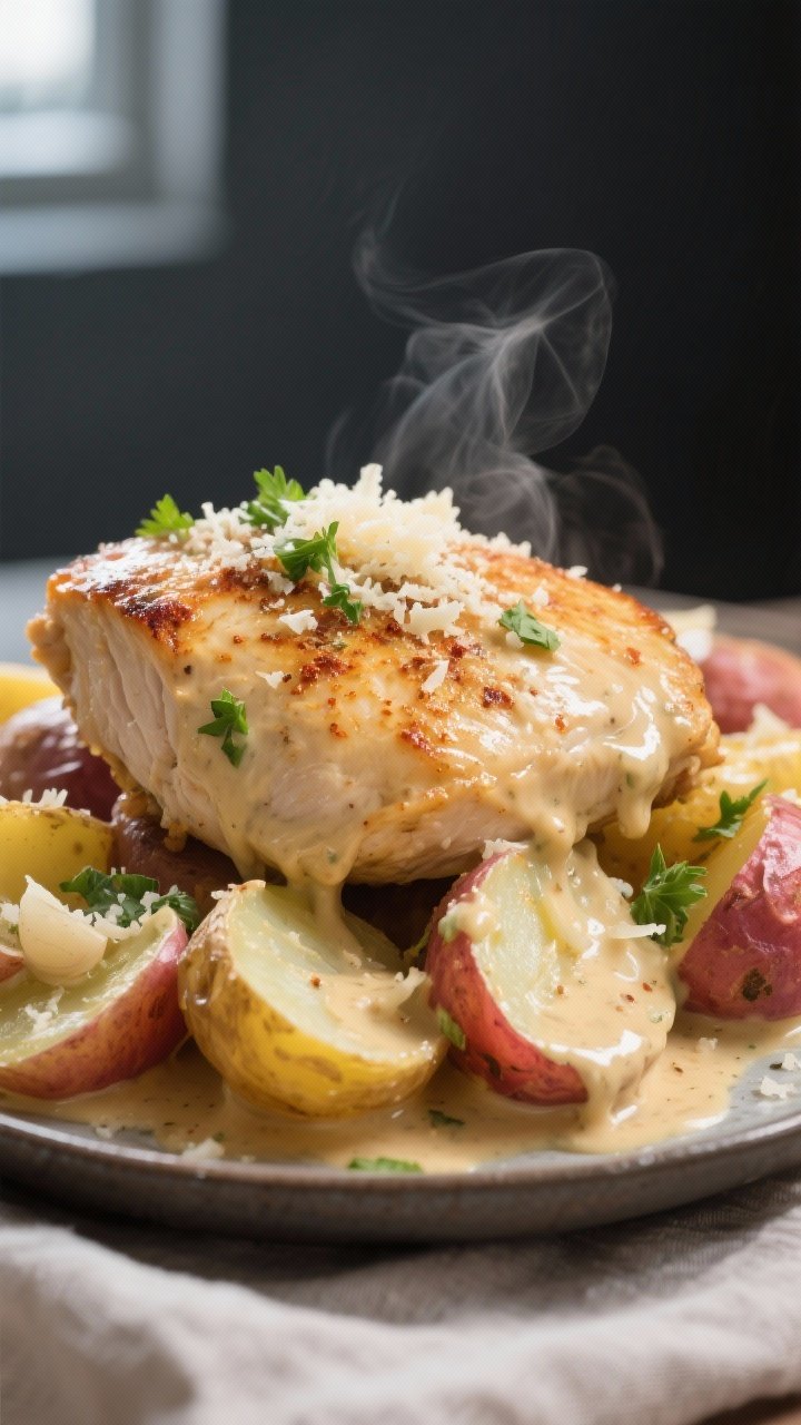 Close-up detail: Slow cooker Parmesan garlic chicken just after finishing, golden-broiled chicken br