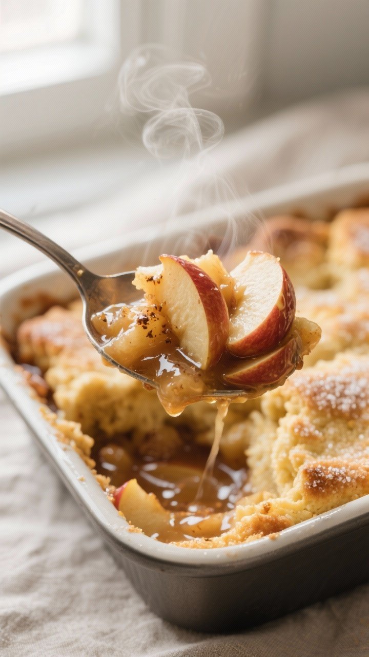 Close-up detail: Spoonful of warm apple cobbler just lifted from the baking dish, showcasing glossy,