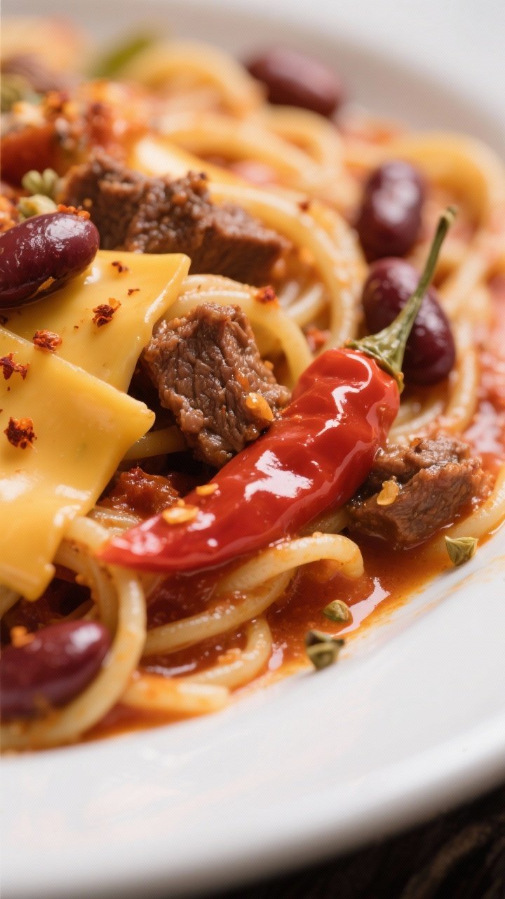 Close-up detail — texture and melt: Macro close-up focusing on the junction where the chili meets 