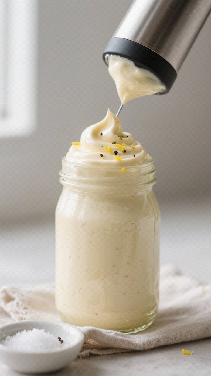 Close-up detail: Thick, freshly emulsified homemade mayo in a tall glass jar just after blending, gl