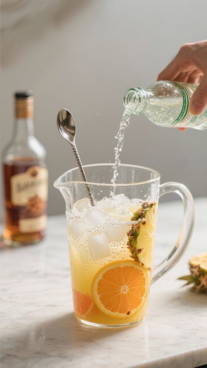 Cooking process: Batch build in action—pre-chilled clear pitcher with ice as pineapple juice, oran