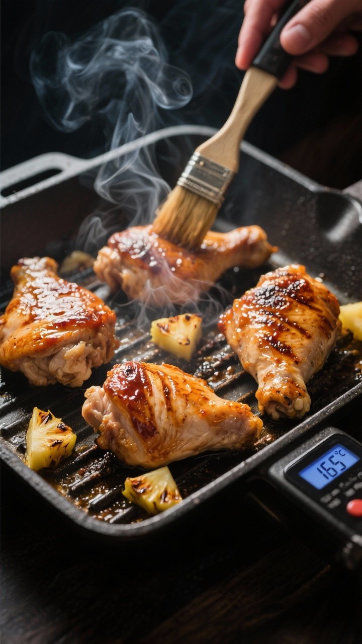 Cooking process: Chicken thighs sizzling on a preheated grill pan, mid-glaze, with a thin brush of r