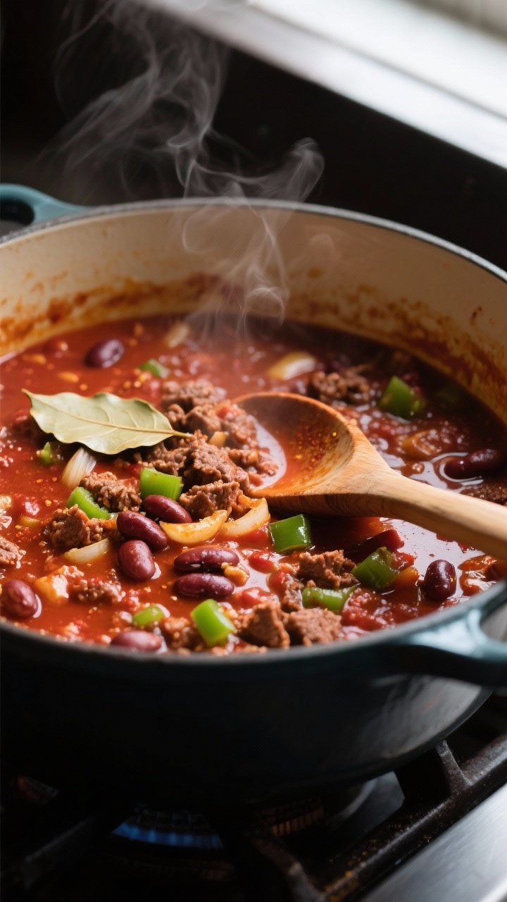 Cooking process — chili simmering: A close-up of a wide Dutch oven with Kentucky chili gently simm