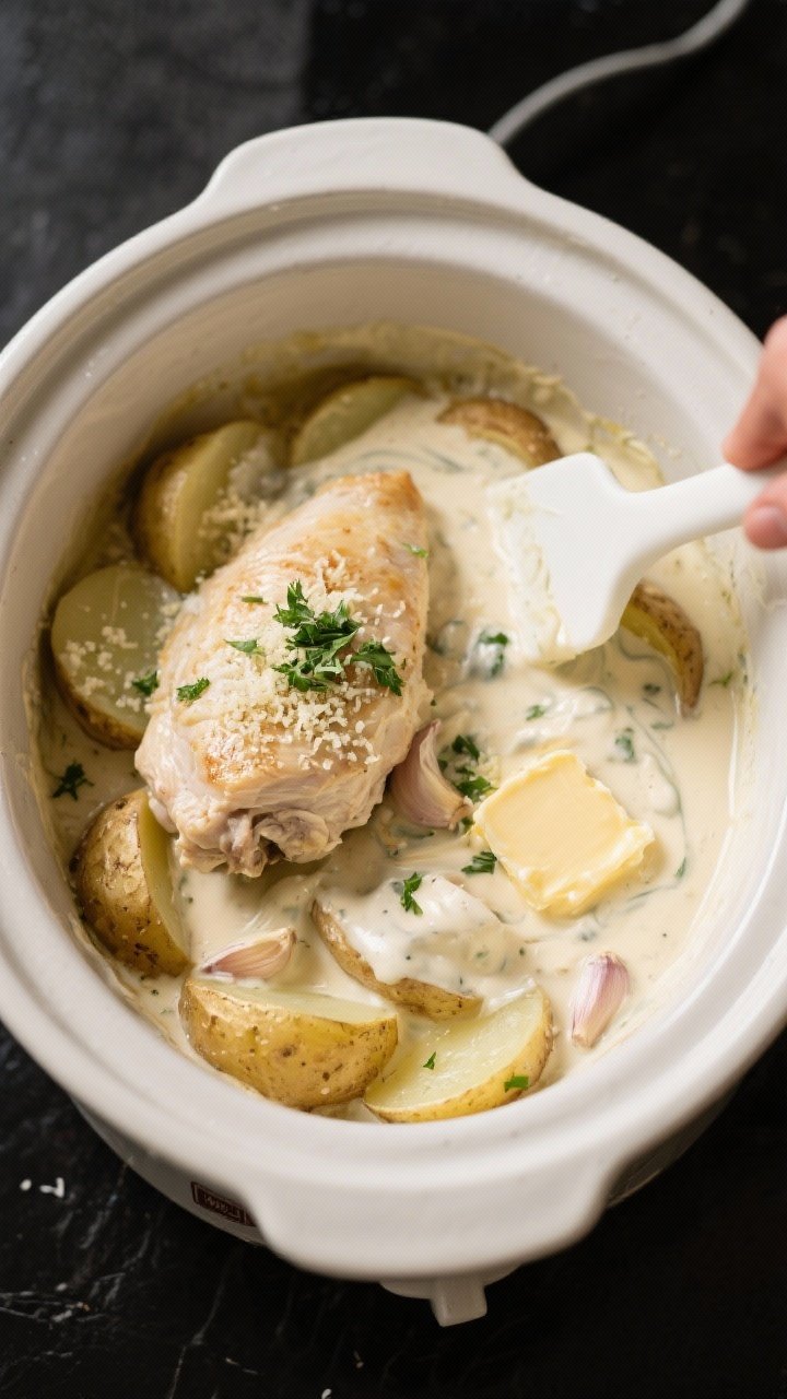 Cooking process: Overhead shot inside the slow cooker right after adding the cream-Parmesan step—c