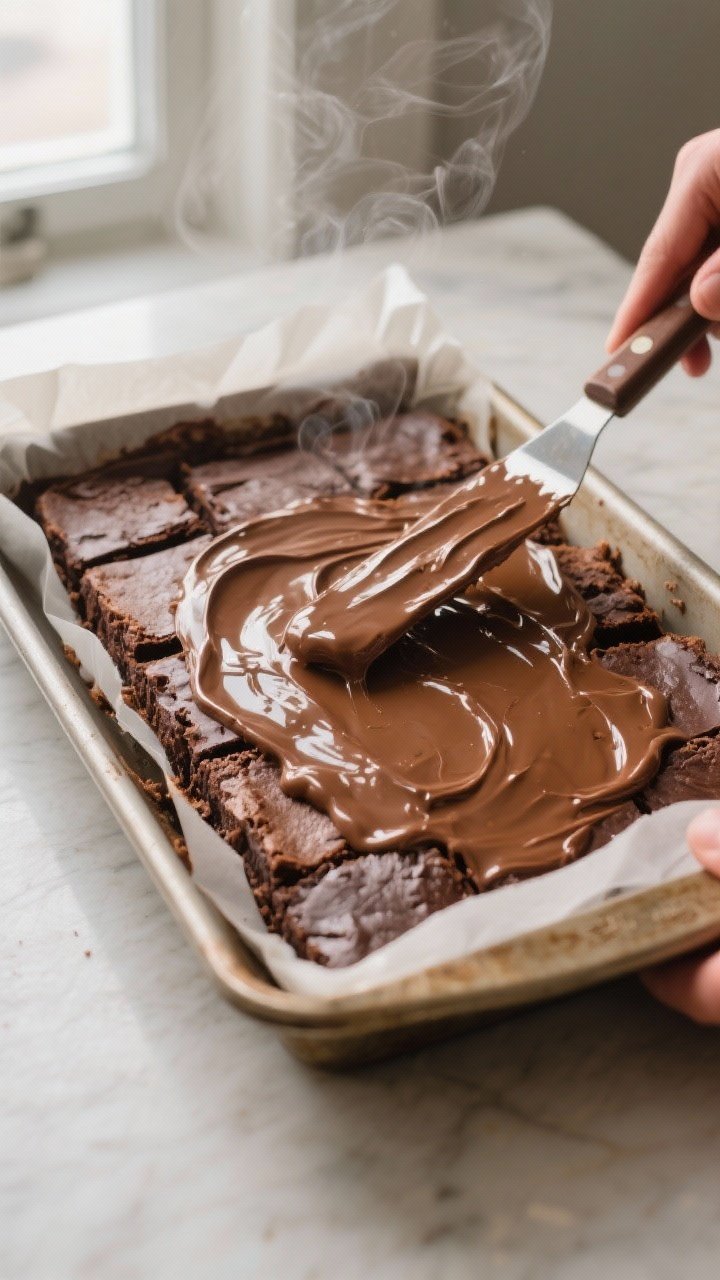 Cooking process: Overhead shot of a 9x13 pan of warm brownies just out of the oven as thick, pourabl