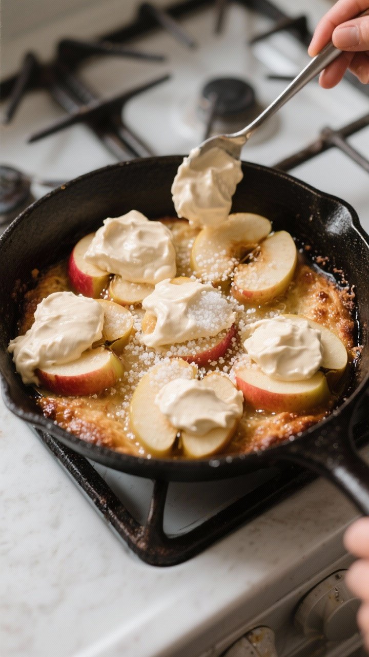 Cooking process: Overhead shot of a deep 10-inch cast-iron skillet fresh from the oven with partiall