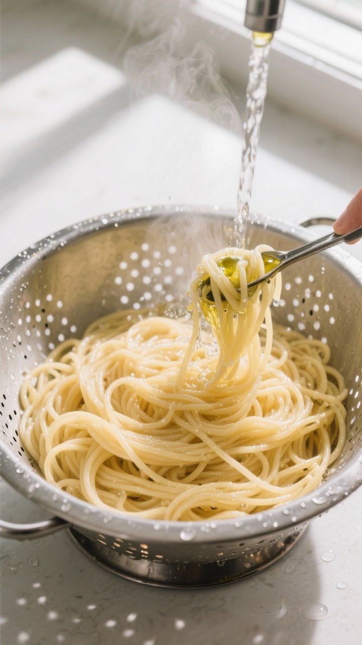 Cooking process — Overhead shot of just-drained al dente spaghetti being rinsed under cold water i