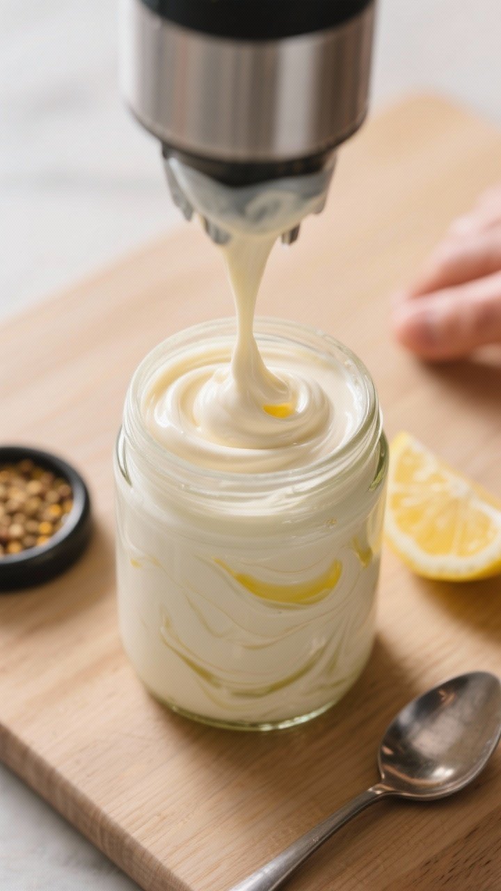 Cooking process: Overhead shot of mayo finishing its emulsion as the blender head is slowly lifted t