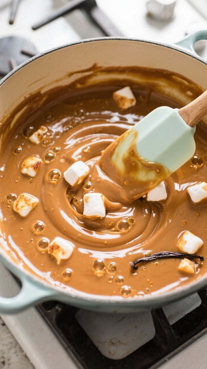 Cooking process: Overhead shot of the browned-butter quick caramel just after marshmallows have melt