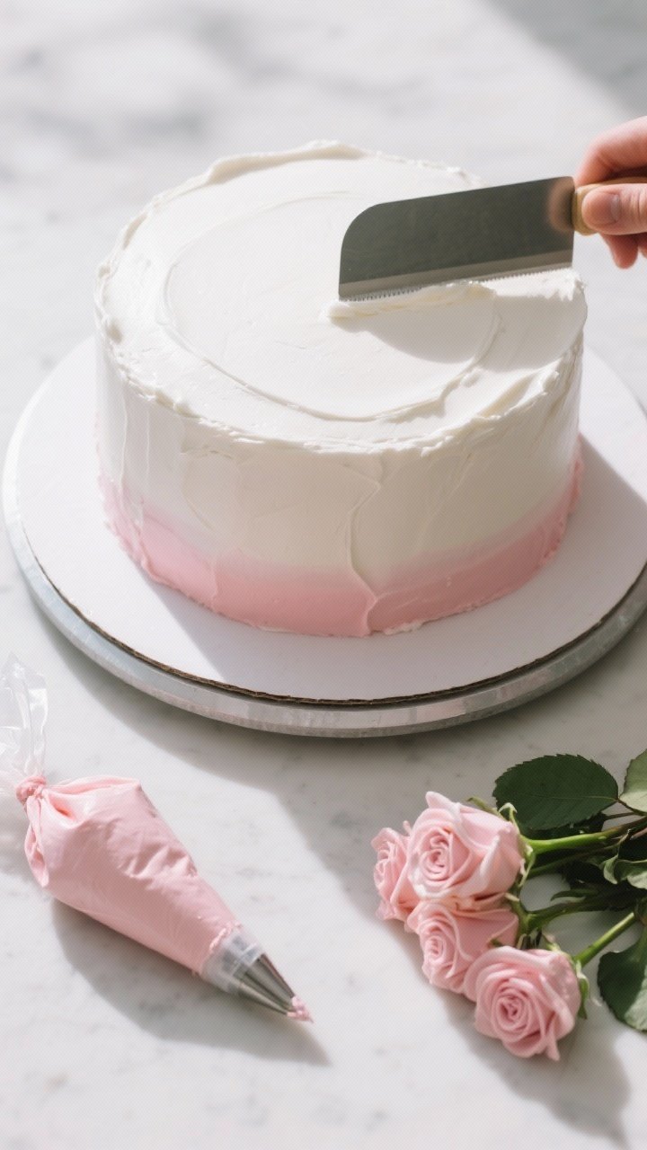 Cooking process: Overhead shot of the cake during decorating on a turntable—final smoothing of whi