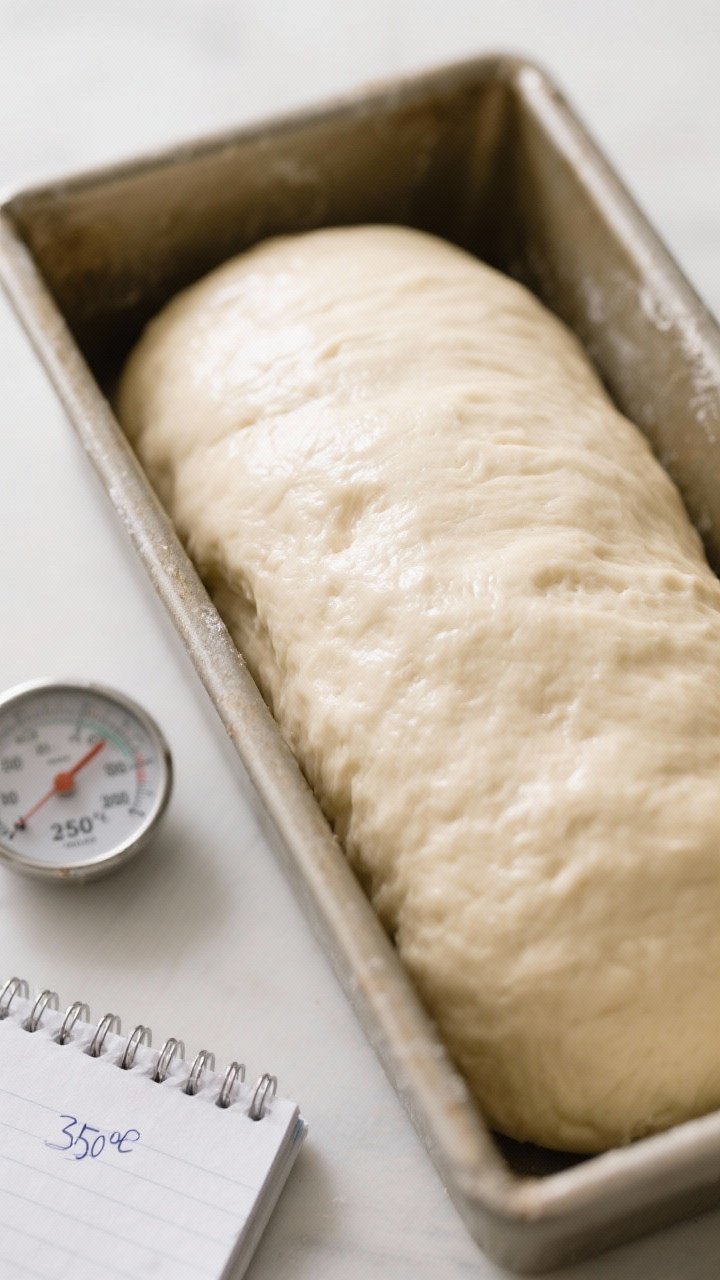 Cooking process: Overhead shot of the shaped dough log nestled in a greased 9x5-inch loaf pan during