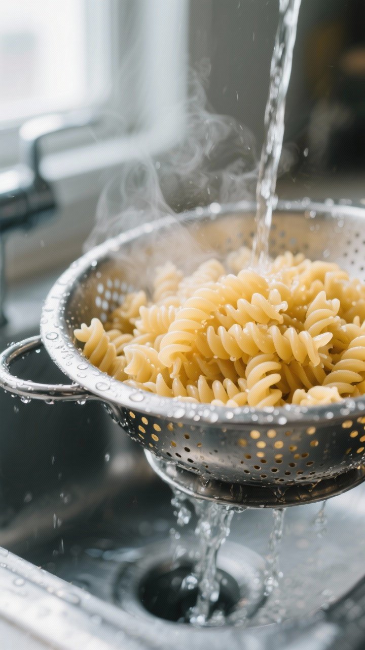 Cooking process – pasta al dente and cooling: Steaming-hot rotini just drained and briefly rinsed 