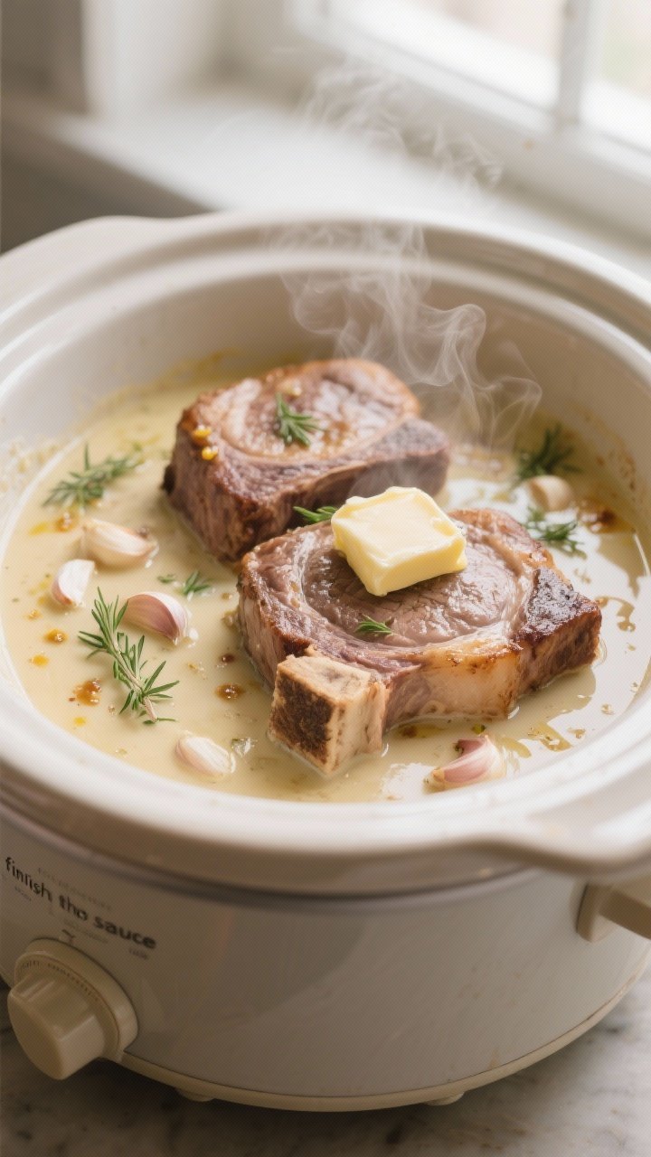 Cooking process shot: Crockpot scene with cooked pork chops nestled in a silky garlic butter sauce; 