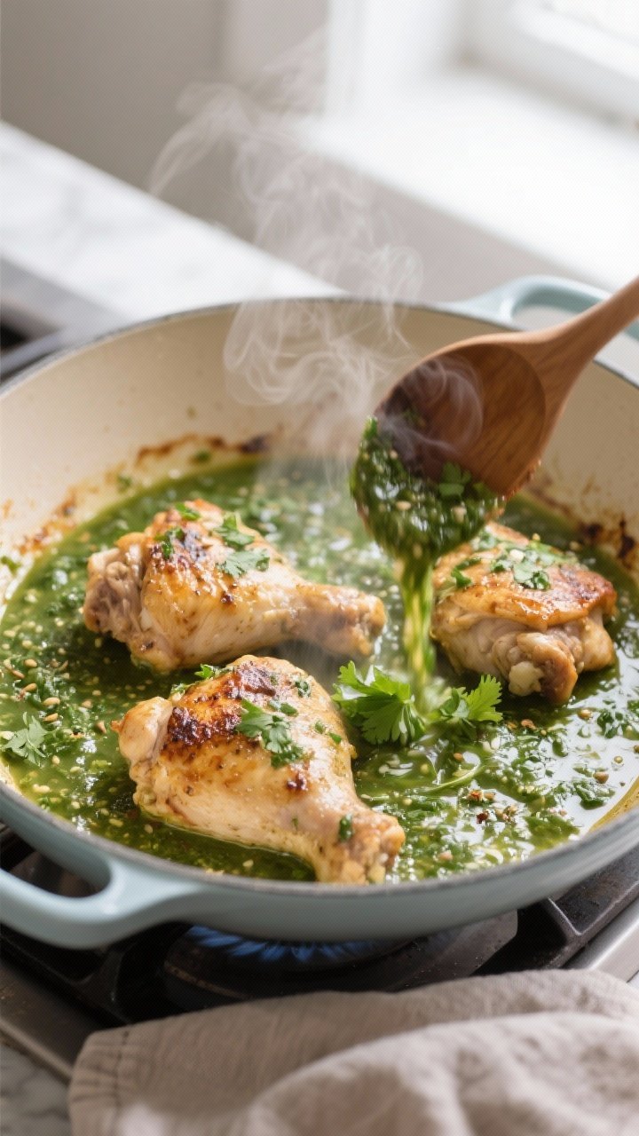 Cooking process, stovetop action: Tender chicken thighs searing in a wide enameled Dutch oven, light