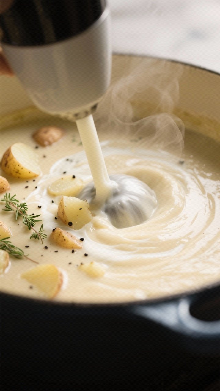Creamy texture detail: Close-up of one-pot potato soup mid-finish, immersion blender blending about 