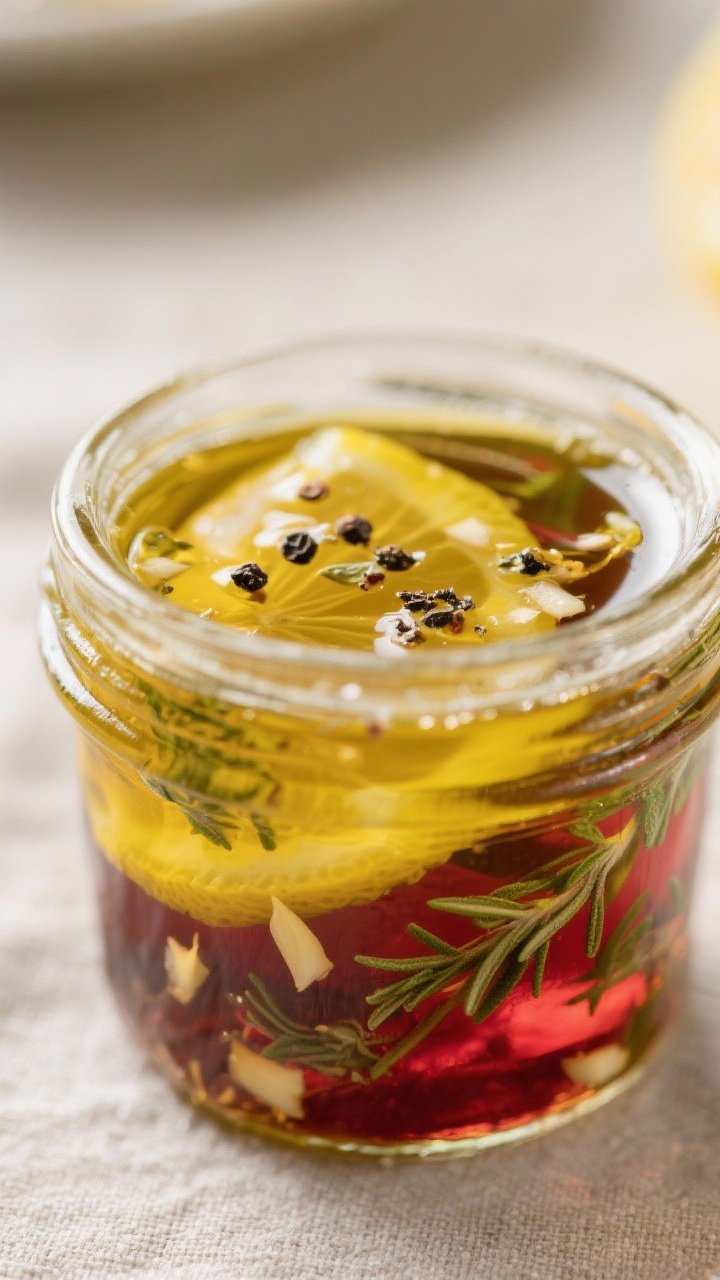 Dressing close-up – lemon-oregano vinaigrette: Macro shot of the finished Greek vinaigrette in a s