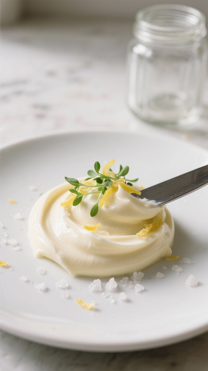 Final dish presentation: Beautifully plated dollop of homemade mayo on a small matte-white plate, sw