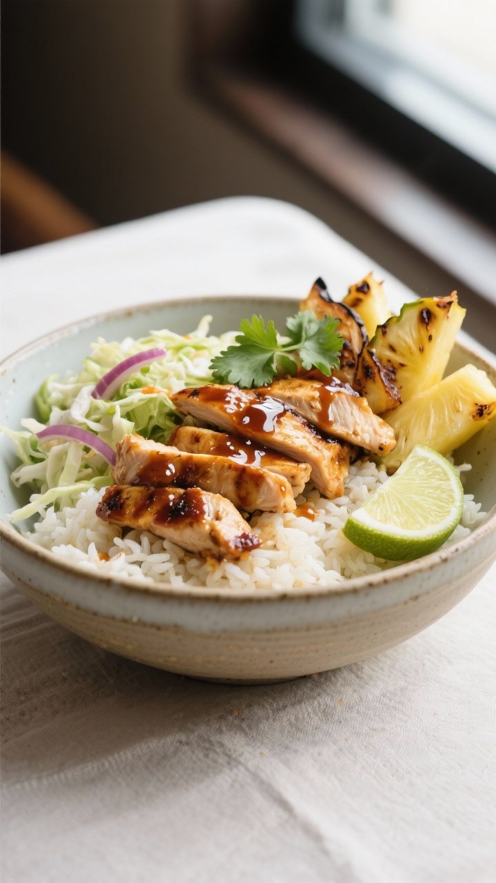 Final dish presentation: Chicken al pastor bowl—fluffy rice base topped with glossy, char-kissed c