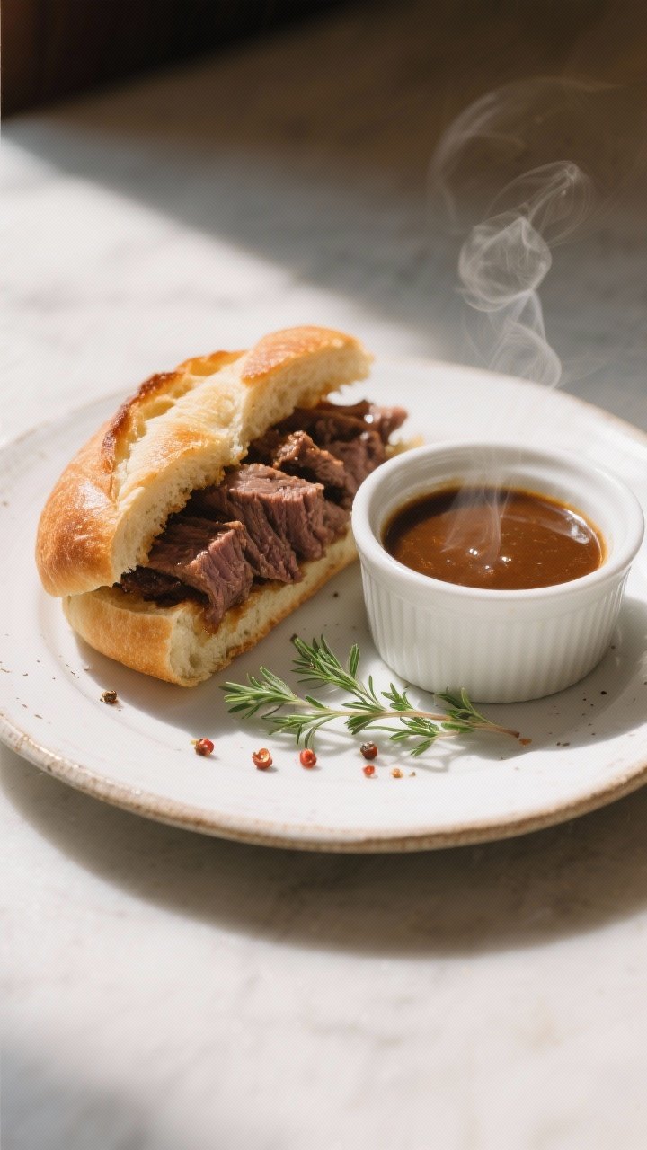 Final dish presentation: French dip sandwich halved on a rustic white plate, toasted baguette packed