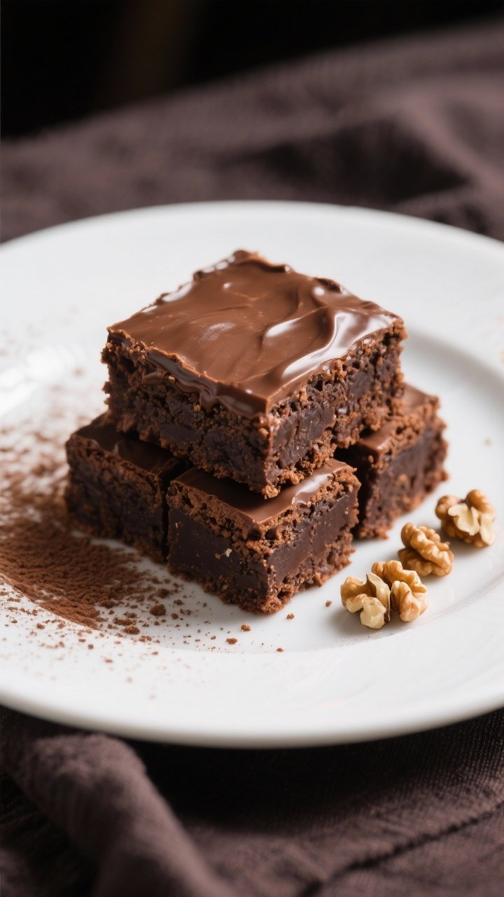 Final dish presentation: Neat brownie squares stacked on a simple white plate, icing gleaming and se