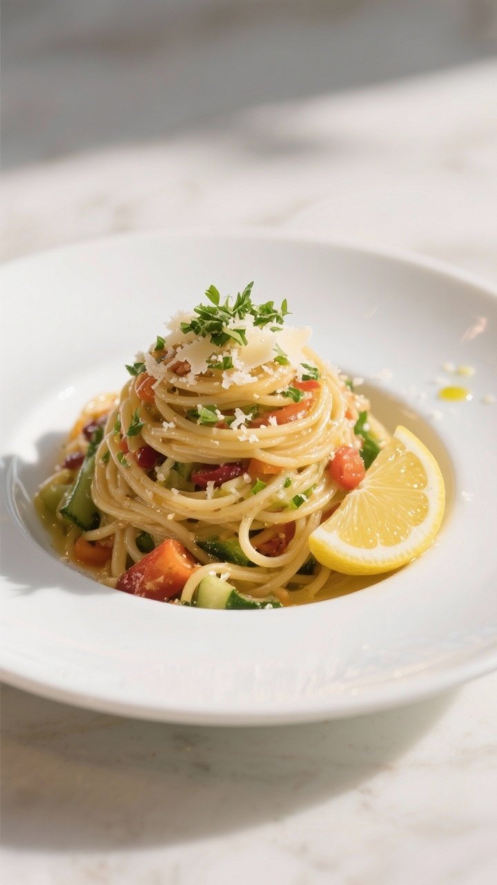 Final dish presentation — Restaurant-quality plated portion of California spaghetti salad twirled 