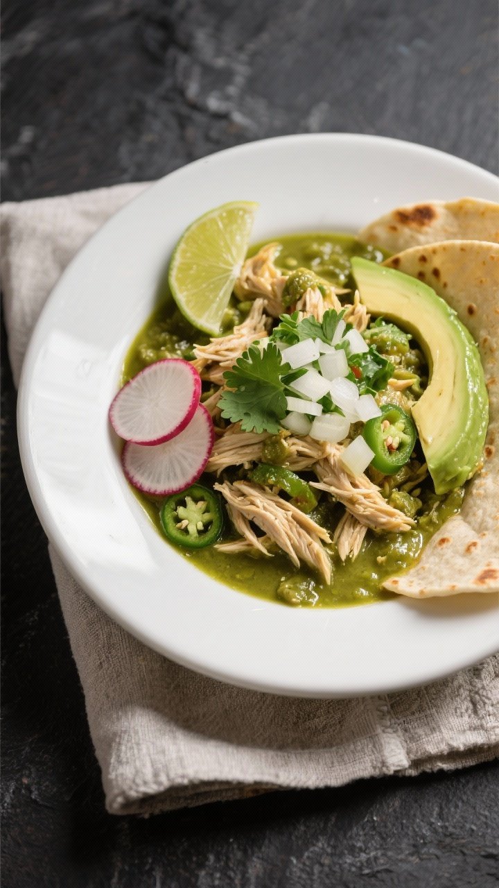 Final plated dish, : Beautifully plated Chicken Chile Verde in a shallow white bowl, juicy shredded 