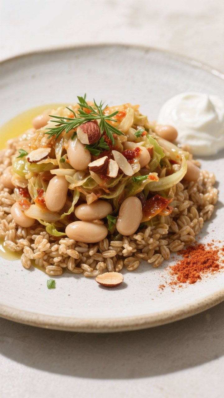 Final plated dish: Restaurant-quality presentation of the cabbage-and-beans over a bed of warm farro