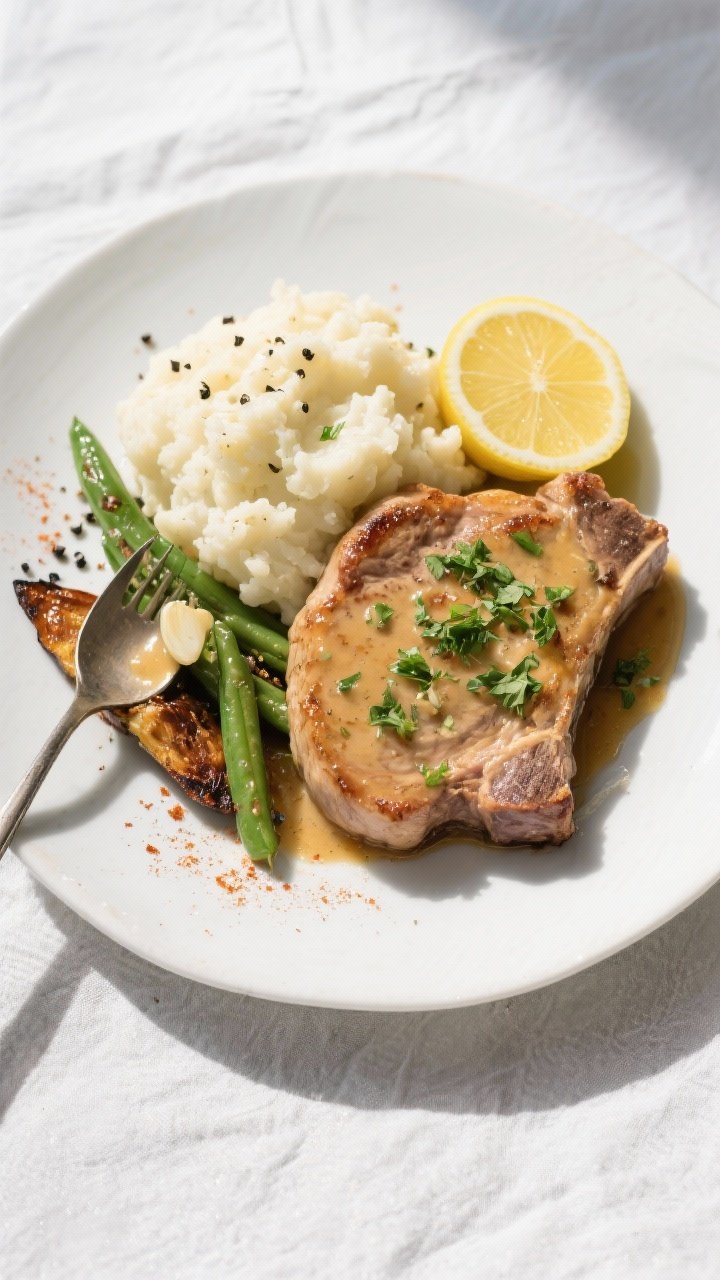 Final plated overhead shot: Restaurant-quality presentation of Keto Crockpot Pork Chops with Garlic 