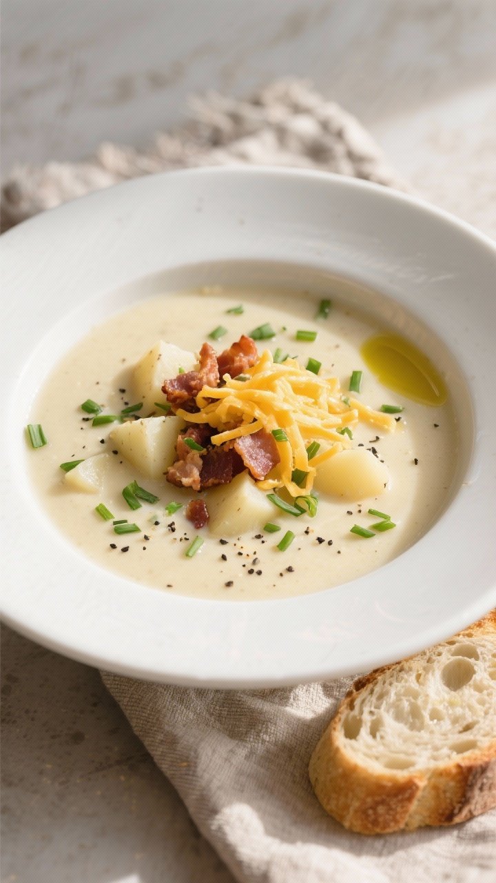 Final plated overhead: Tasty top-down shot of a bowl of finished potato soup, luxuriously creamy wit