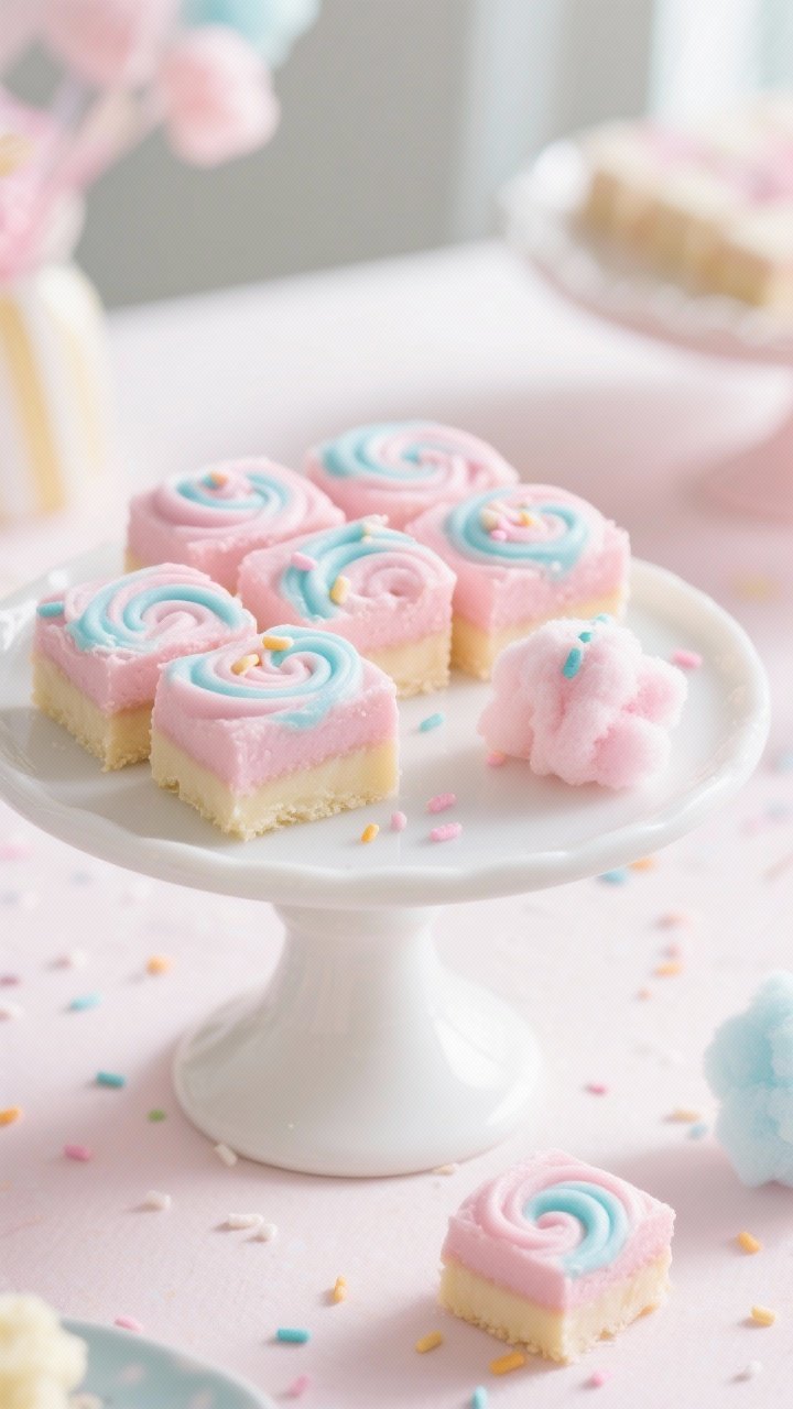 Final presentation: Beautifully plated cotton candy fudge squares arranged on a white cake stand, so