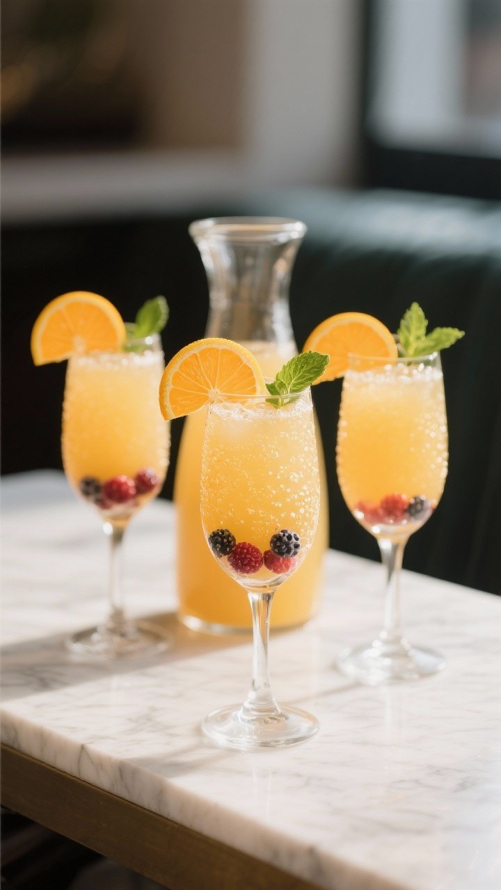 Final presentation: Restaurant-quality brunch setup featuring individual coupe glasses of Orange Mim