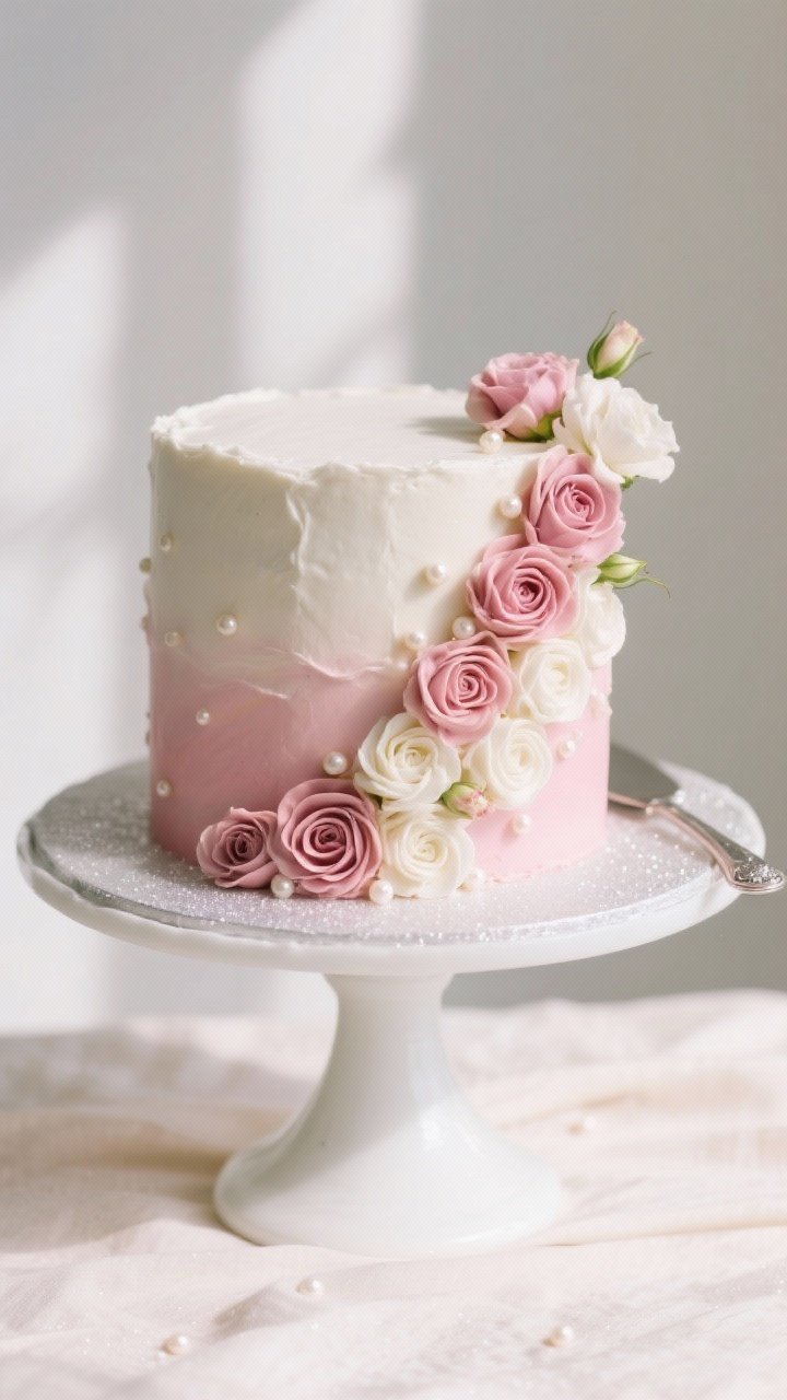 Final presentation: Three-quarter angle hero shot of the fully decorated celebration cake on a white