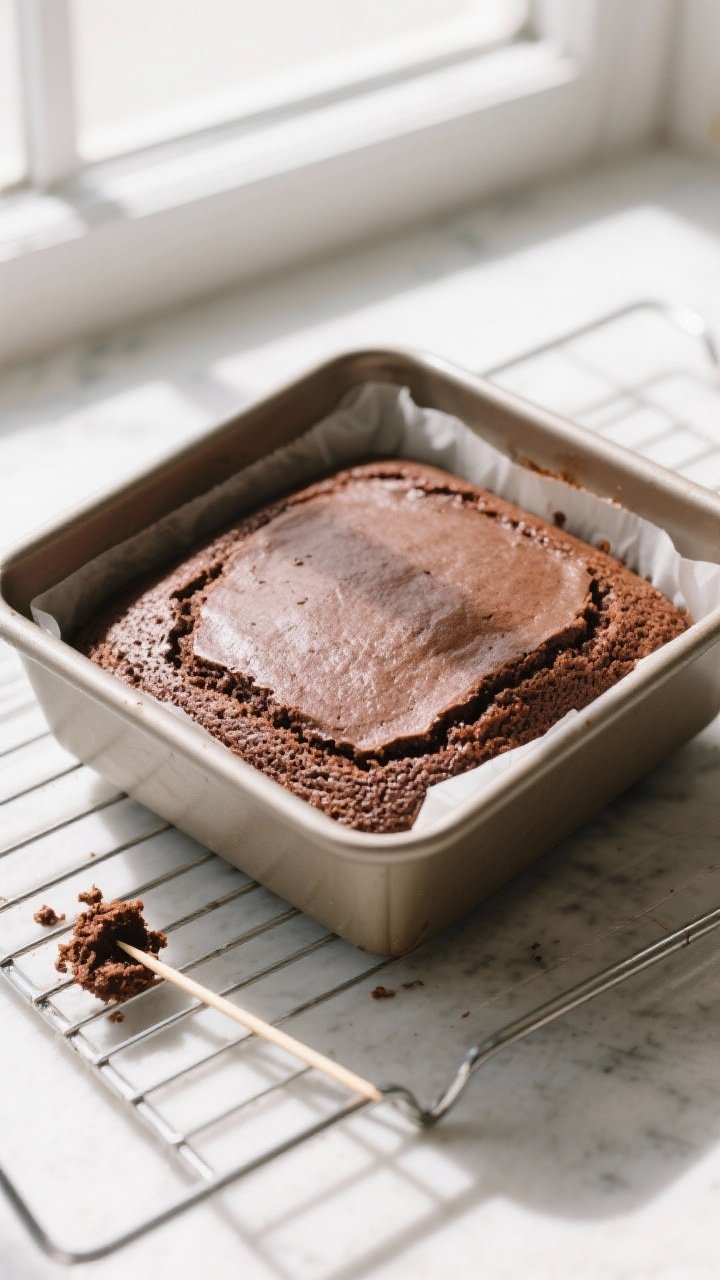 Overhead shot of a freshly baked healthy chocolate cake in an 8-inch square pan lined with parchment