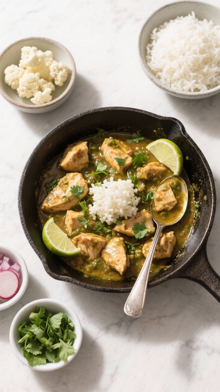 Overhead “tasty top view”, family-style: Top-down shot of a skillet of Chicken Chile Verde with 