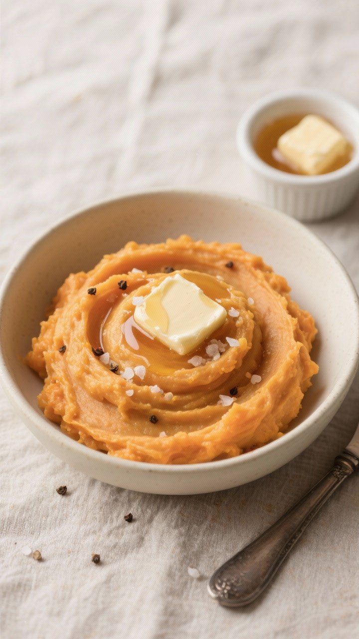 Overhead “tasty top view”: Final bowl of Creamy Honey Butter Mashed Sweet Potatoes swirled into 