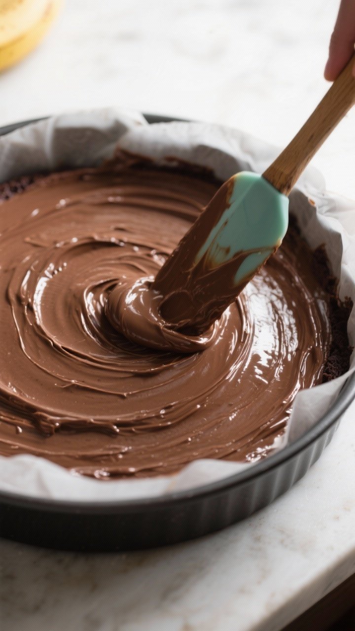 Process shot, 3/4 angle: glossy chocolate batter being smoothed in a 9-inch round pan with a spatula