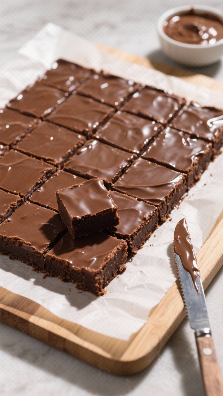Tasty top view: Overhead board shot of a full slab of iced brownies on parchment, cut into even squa