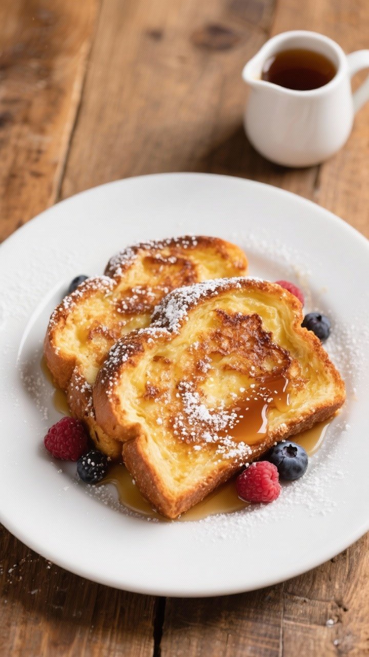 Tasty top view: Overhead French toast made from leftover Amish sweet bread—golden, custardy slices