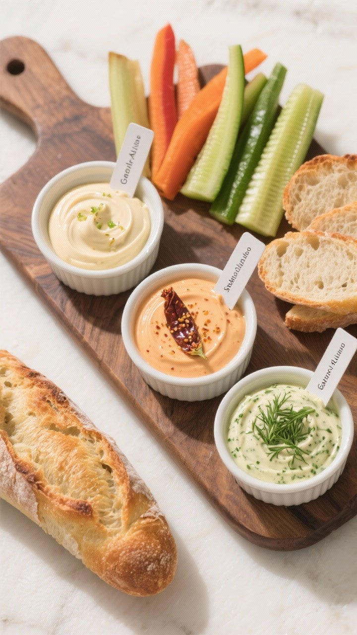 Tasty top view: Overhead shot of a condiment board showcasing the base mayo plus three variations in