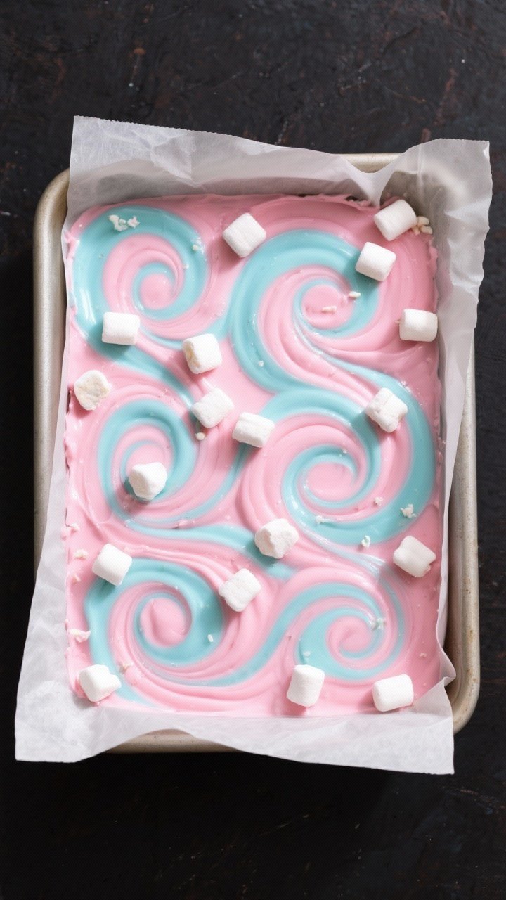 Tasty top view: Overhead shot of an 8x8 pan lined with parchment, filled with freshly swirled pink-a